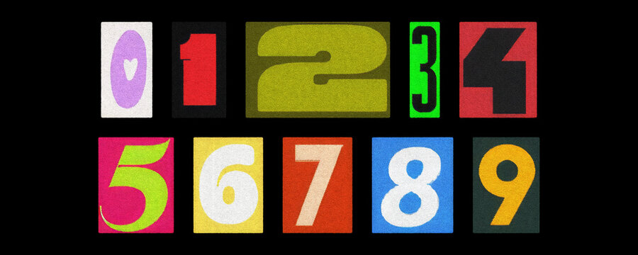 Magazine cutout numbers 0–9 collage set on a solid black background
