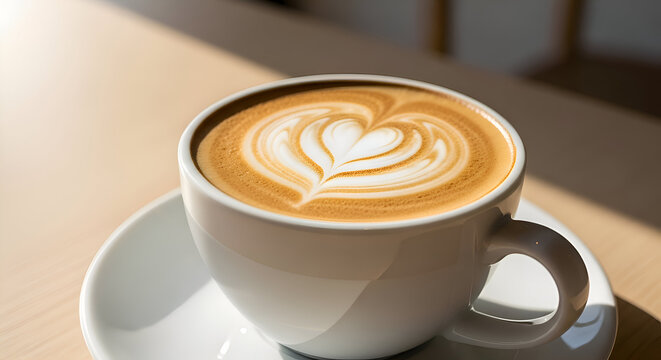 Delicious cappuccino with heart shape latte art, perfect for a relaxing morning break