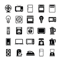 Collection of black and white silhouette icons representing various household appliances and electronics for everyday use and home comfort
