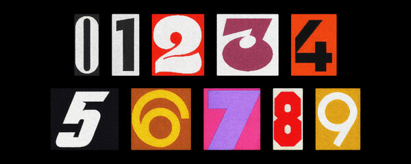 Vintage magazine number cutouts 0–9, bold collage against black
