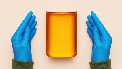Gloved hands carefully hold a tall glass container filled with a vibrant, golden liquid