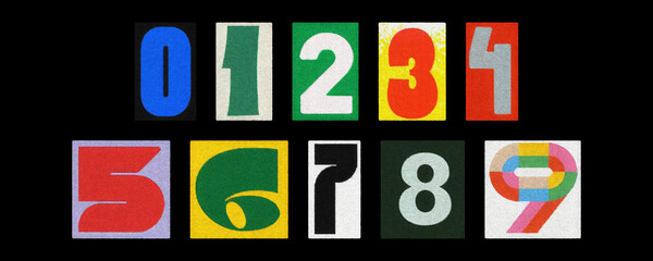Typography digits 0–9 magazine collage, multicolor cutouts on black

