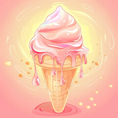 Delicious strawberry ice cream cone with dripping glaze in warm sunny colors