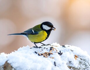 Obraz premium A small bird, likely a titmouse, perched on snow-covered rock, eating a seed