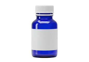 Isolated blue glass bottle with label and cap for medicine, cosmetics, liquid, product