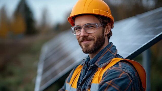 Smart Energy Expert: A confident engineer, sporting a hardhat and safety glasses, smiles with satisfaction next to a sustainable energy installation.