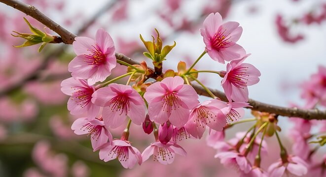 Delicate pink cherry blossoms clustered on a branch in early springtime