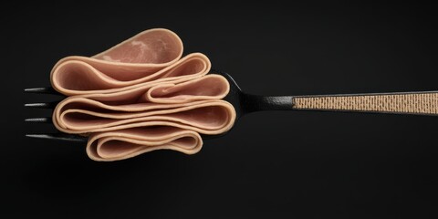 Thinly sliced deli meat arranged on a black fork, creating a visually appealing and appetizing presentation