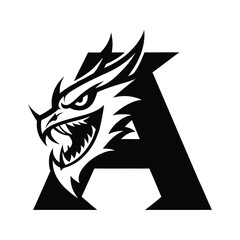 Fierce black dragon head emerging from the letter a symbolizing power strength and mythical creatures in a bold graphic design