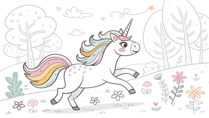Obraz premium A unicorn with a colorful mane runs through a whimsical forest with flowers
