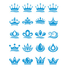 Collection of elegant blue royal crowns and tiaras in various styles and designs symbolizing power royalty and luxury perfect for graphic design and branding © LailaArtworks