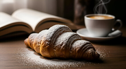 Delicious Croissant Sprinkled With Powdered Sugar Is Beside Sizzling Coffee and a Book