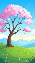 Springtime blossoms on a hilltop.  A stylized cherry blossom tree with delicate pink flowers,  falling petals, and a grassy hilltop backdrop.  Soft pastel colors and cartoon-style illustration