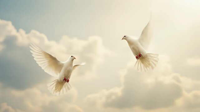 Two white doves flying in a cloudy sky, wings outstretched. Peaceful and ethereal image