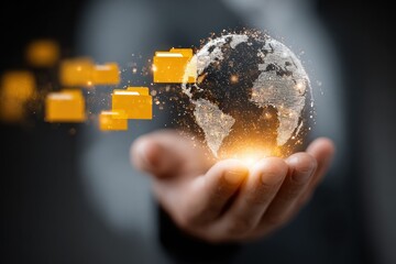 Hand holding a glowing globe with floating folders representing data transfer.