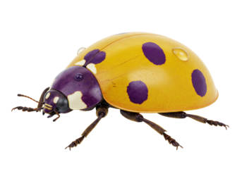 Isolated Asian lady beetle, yellow with purple spots, on a neutral backdrop in vibrant detail