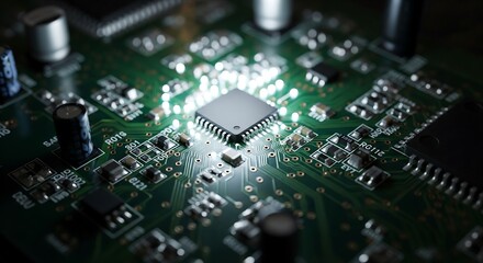 Fototapeta premium Glowing traces on a close up circuit board, futuristic and real