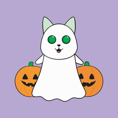 Adorable cat in ghost costume with pumpkins on a light purple background