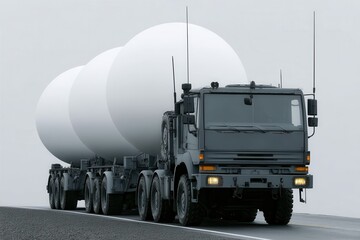 A heavy-duty military transport truck carries three large, white cylindrical containers on a highway