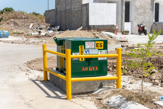 Green pedestal type electrical transformer  in Guadalajara, Jalisco, Mexico. October 2, 2024. pad mounted. Three phase, above ground