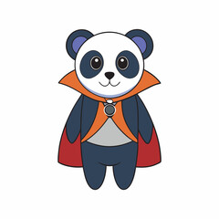 Cartoon panda bear wearing a red cape with a silver brooch