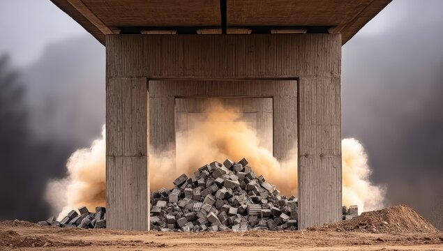 Demolition bridge with dust cloud, concrete, rubble, controlled destruction