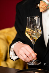 Elegant man in black suit and colorful bow tie holding a glass of white wine, seated against a plush yellow chair and red wall. Formal, luxurious atmosphere.