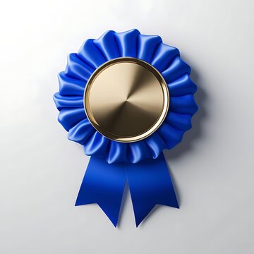 Bright blue rosette ribbon with gold center and tails for awards and recognition