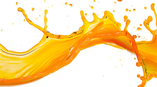 Professional studio image of ultra-realistic photorealistic capture of a dynamic splash of orange juice, two glossy translucent liquid streams cu Isolated to Transparent Background