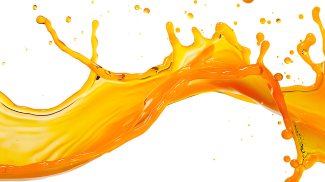 Professional studio image of ultra-realistic photorealistic capture of a dynamic splash of orange juice, two glossy translucent liquid streams cu Isolated to Transparent Background