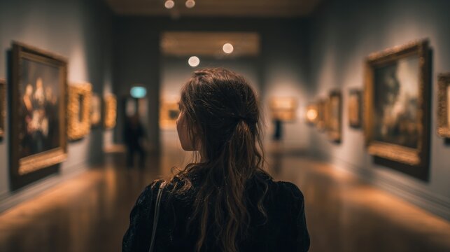 Woman gazing at paintings in art gallery