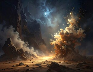 Dramatic desert landscape explodes with golden light