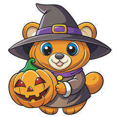 Cute teddy bear wearing a witch hat and holding a jackolantern pumpkin