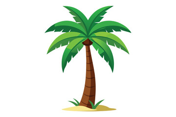 Lush green fronds adorn a tall palm tree situated upon sandy ground