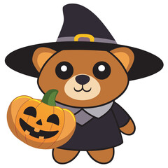 Charming bear dressed as a witch holding a jackolantern