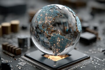 A globe rests on a computer chip with electronic components in the background.