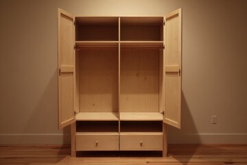 Fototapeta premium Light-colored wooden wardrobe, open, empty