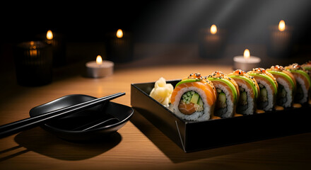 Delicious Gourmet Sushi Platter with Candlelight Ambiance for a Dinner Date