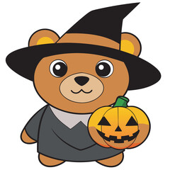 Fototapeta premium Adorable teddy bear dressed as a witch holding a pumpkin