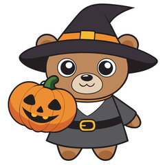 Charming teddy bear dressed as a witch holding a pumpkin