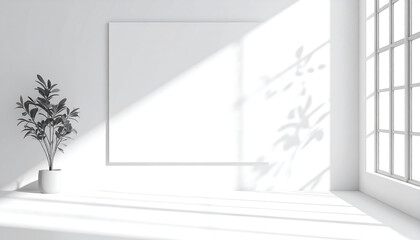Obraz premium Minimalist interior design scene featuring a blank horizontal canvas for mockup presentation, with natural light and plant shadows on a clean white wall
