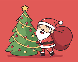 Cute Cartoon Santa Claus Decorating Christmas Tree with Baubles and Golden Star Topper Delivering Presents in Sack
