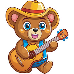 Cartoon bear playing guitar and wearing a cowboy hat