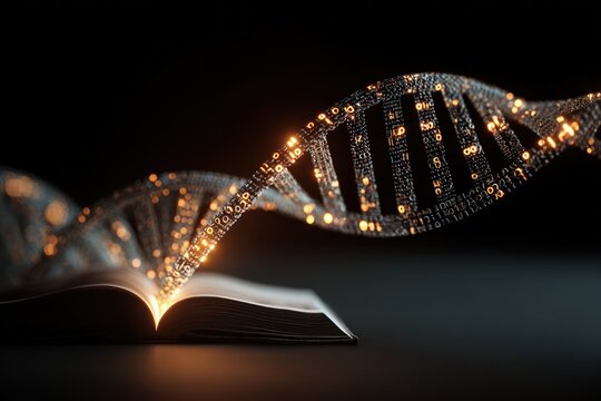 Illuminated DNA helix over open book