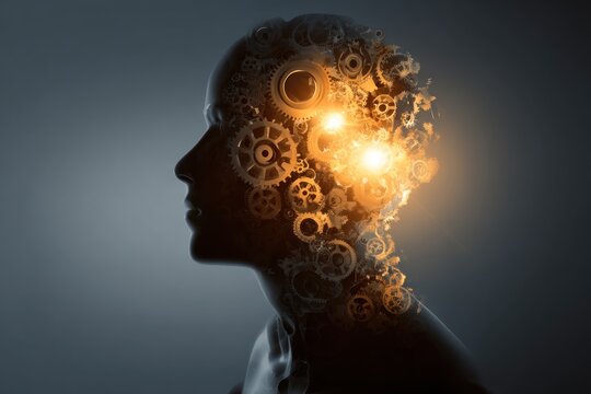 Profile view of a woman's head, gears overlayed, highlighting thought process