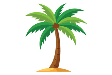 A stylized palm tree with green fronds stands on a sandy patch