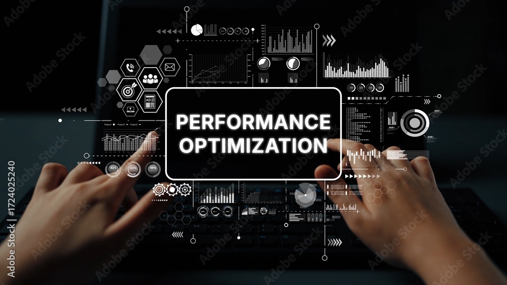 Poster hands on laptop with performance optimization graphics and data analysis background for technology c