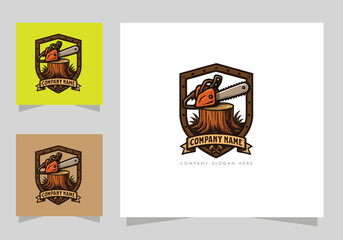 chainsaw logo tool, Chainsaw on Tree Stump Logo vector design 