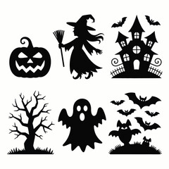 Halloween Vector Illustration of Ghost Witch and Pumpkin Isolated Black Art