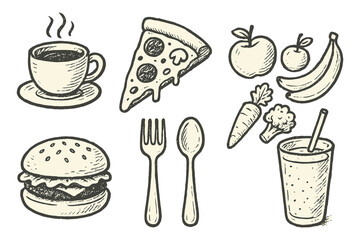 Hand drawn sketch of various food and drink items including coffee pizza burger fruits vegetables and a smoothie